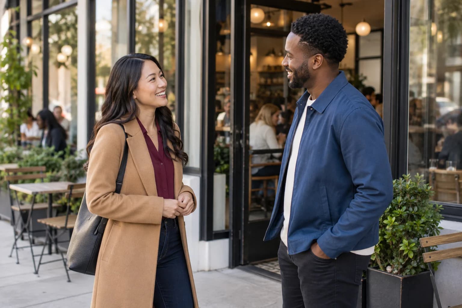 Two people smiling and talking outside a café.