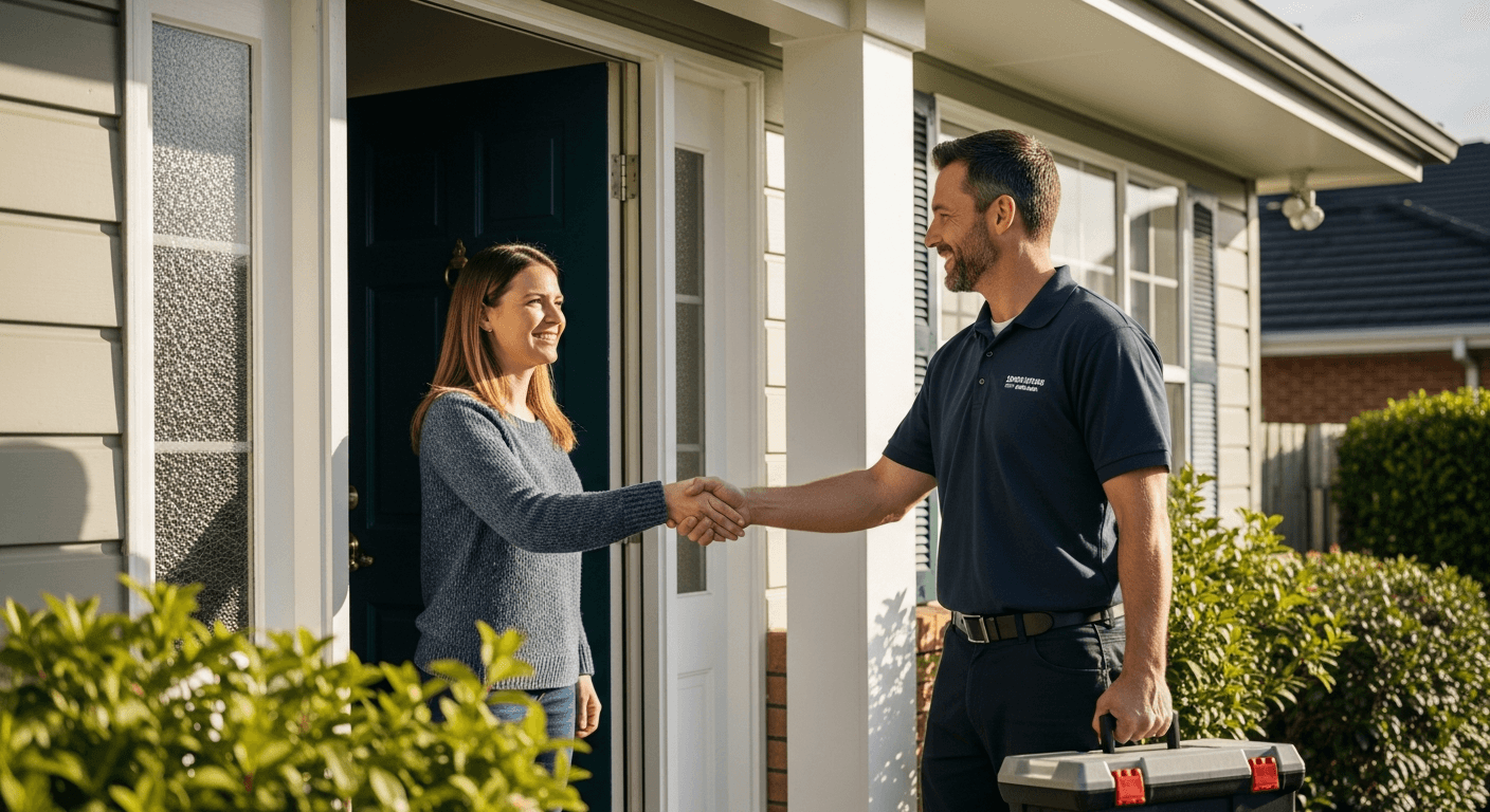 Homeowner greeting a uniformed contractor with a toolbox at the front door.