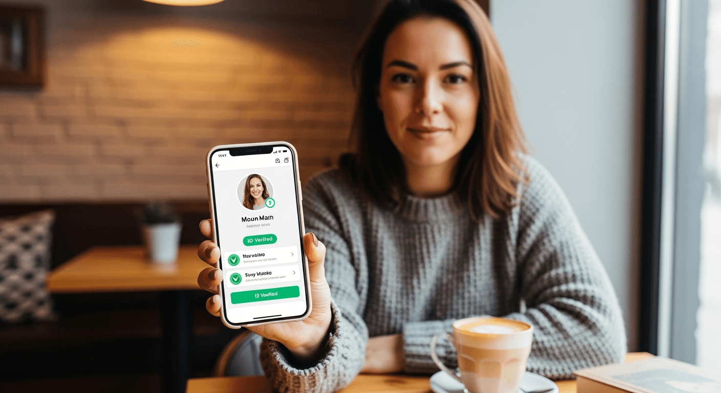 Person reviewing a dating app profile on a smartphone before meeting.