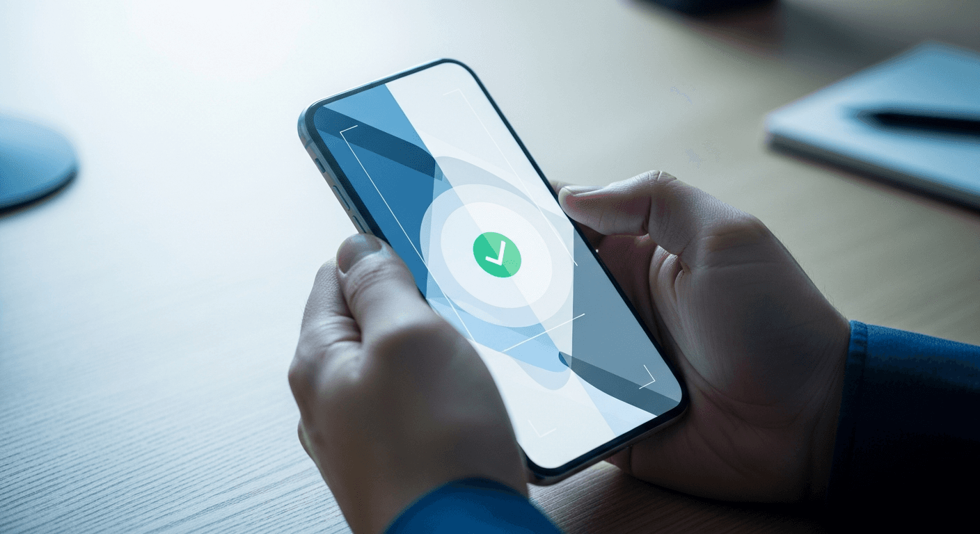 Hands holding a smartphone showing an identity verification confirmation.