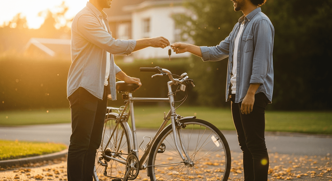 Two people exchanging a used item in a driveway during a marketplace meetup.
