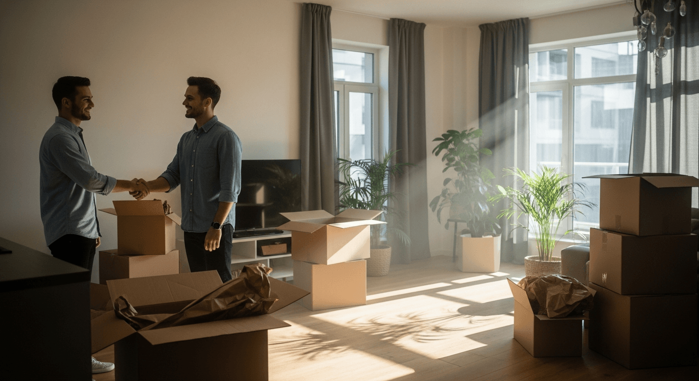 New roommates shaking hands in a sunlit apartment with moving boxes.