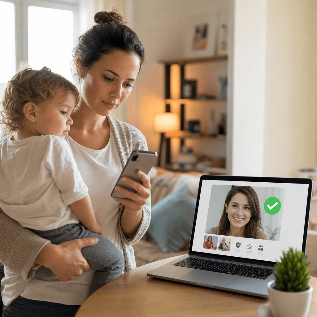 Parent holding a toddler while reviewing a babysitter's verified profile on a laptop