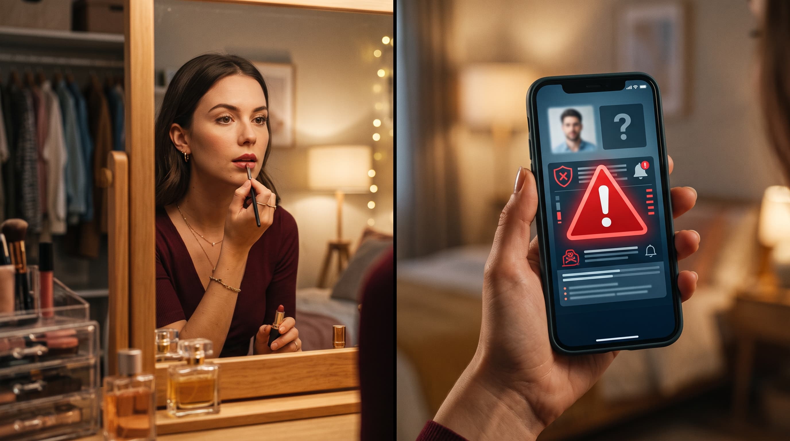 Woman getting ready for a date while a phone shows a profile warning alert