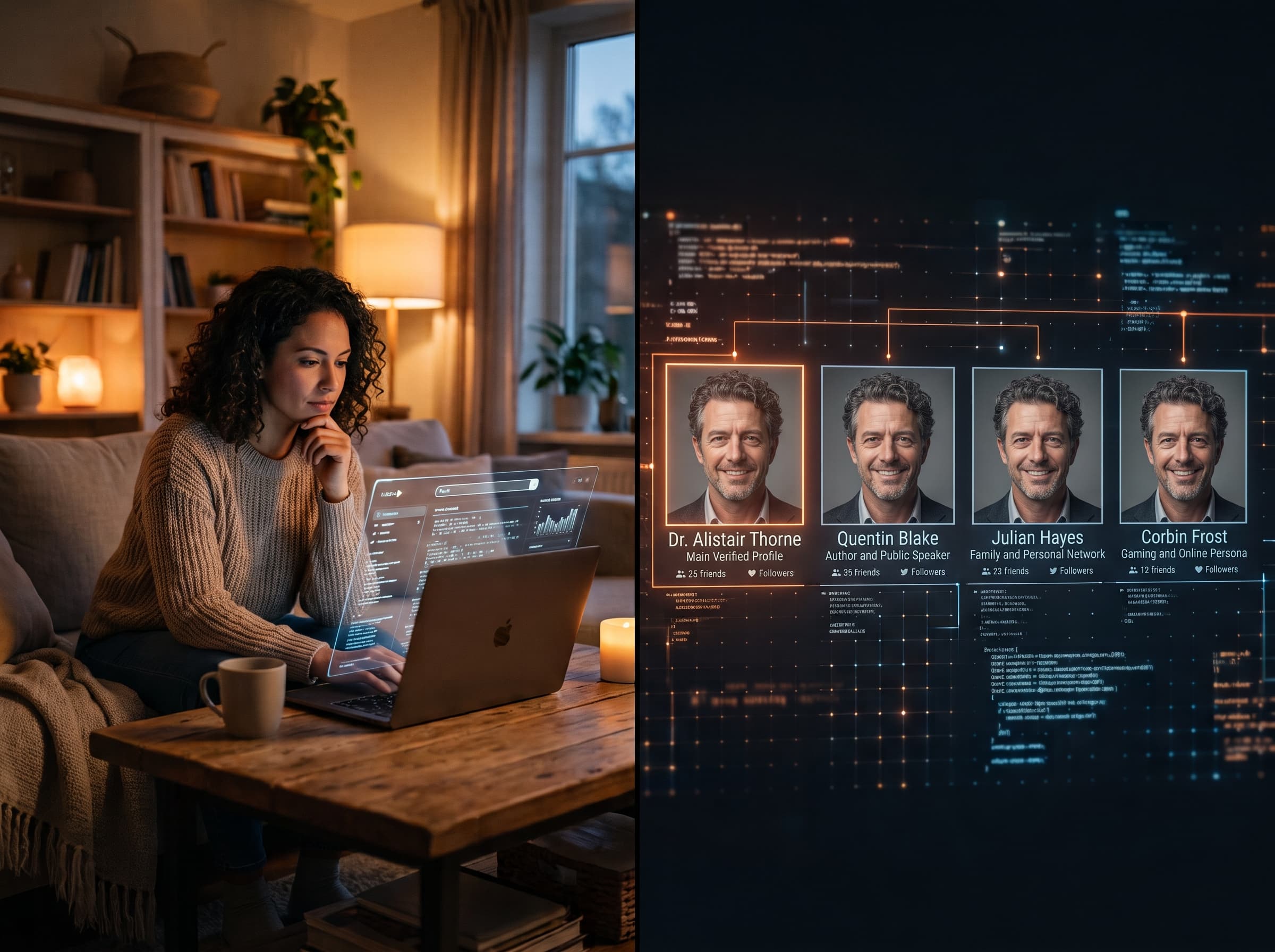 Woman on a laptop reviewing multiple online profiles under different names